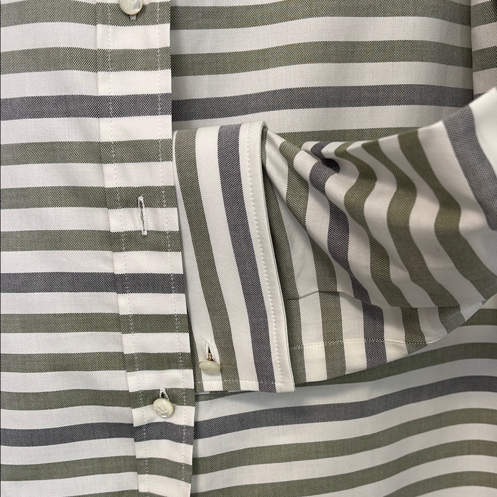 MaxMara Women’s Blue, Olive and White Striped Button-Up Shirt with French Cuffs. - Picture 2 of 7